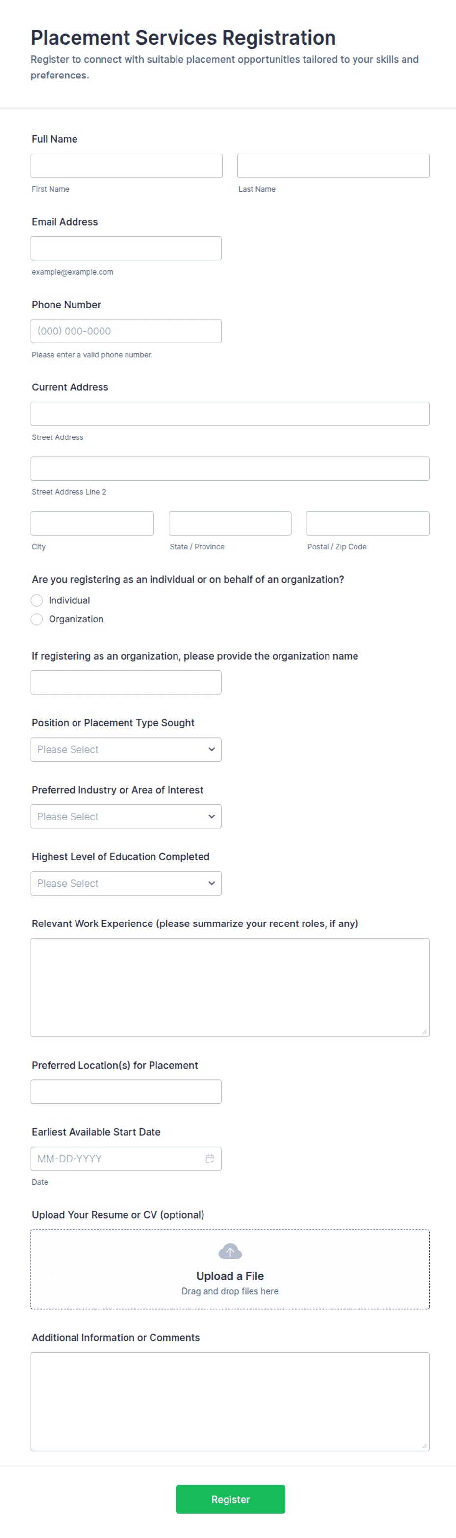 Placement Services Registration Form Template | Jotform