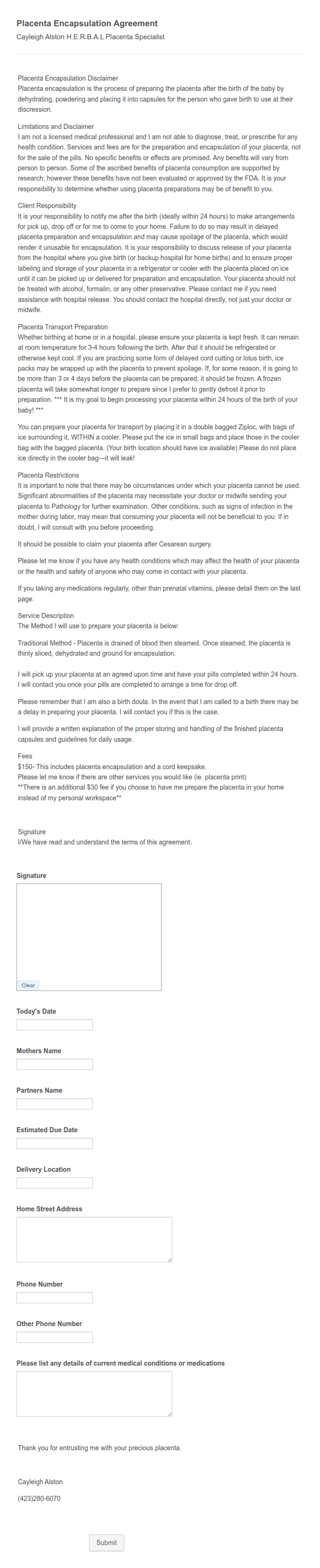 Placenta Encapsulation Agreement Form Template | Jotform