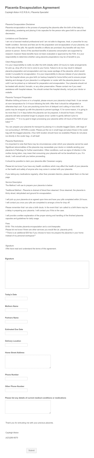 Placenta Encapsulation Agreement Form Template