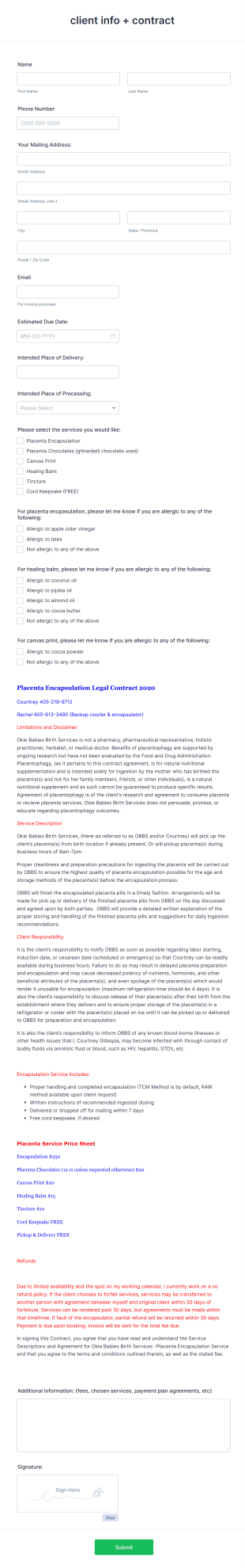 Placenta Encapsulation Client Intake Form Template