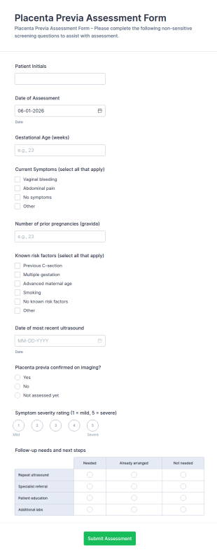 Placenta Previa Assessment Form Template