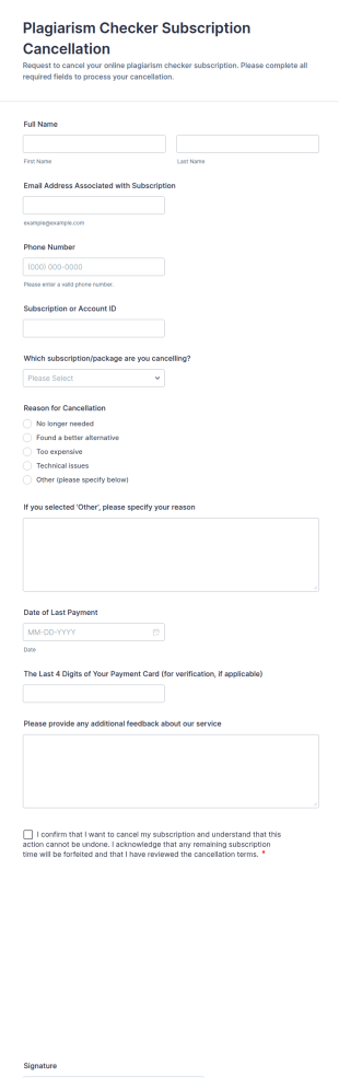 Plagiarism Checker Subscription Cancellation Form Template