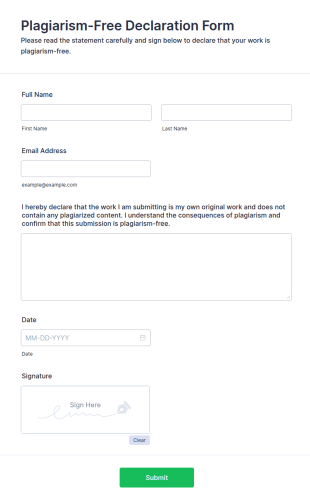 Plagiarism Free Declaration Form Template