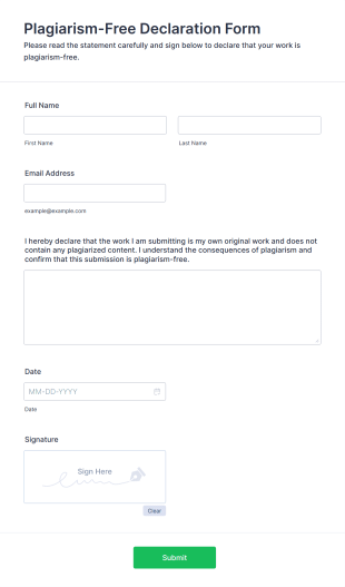 Plagiarism Free Declaration Form Form Template