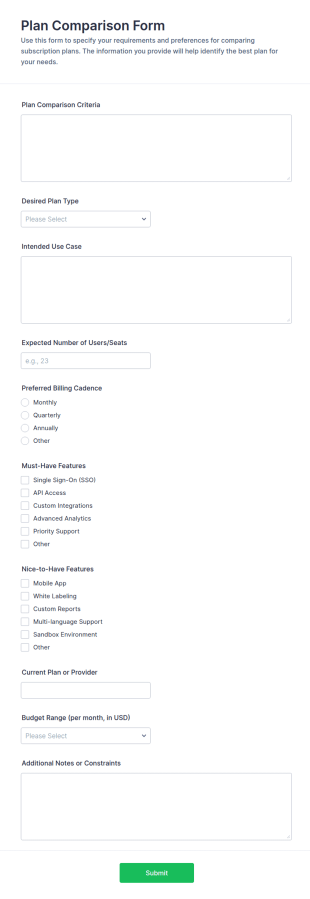 Plan Comparison Form Template