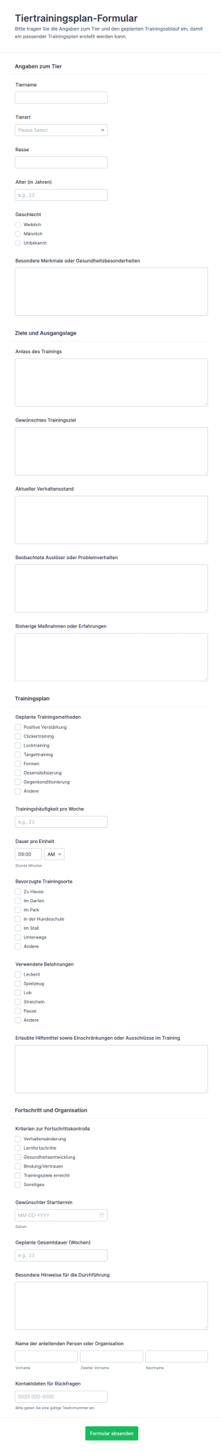 Plan Zur Tierausbildung Formular