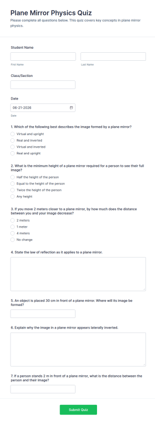 Plane Mirror Physics Quiz Form Template