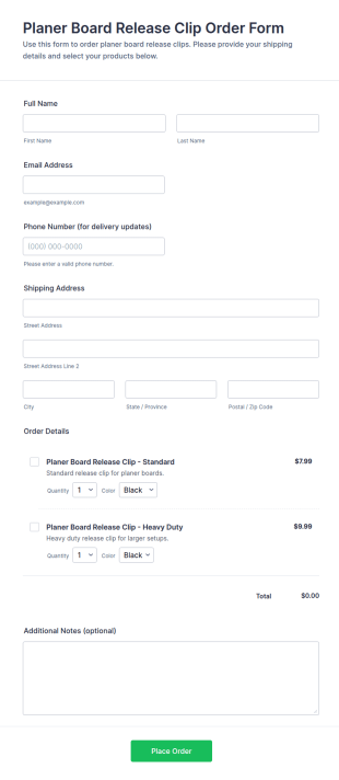 Planer Board Release Clip Order Form Template