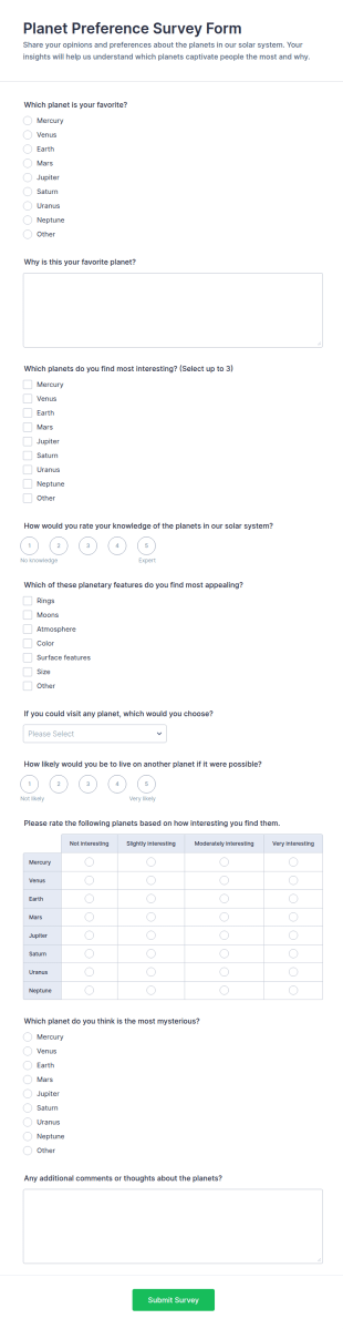 Planet Preference Survey Form Template