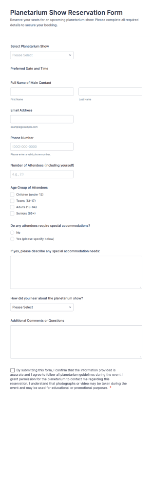 Planetarium Show Reservation Form Template