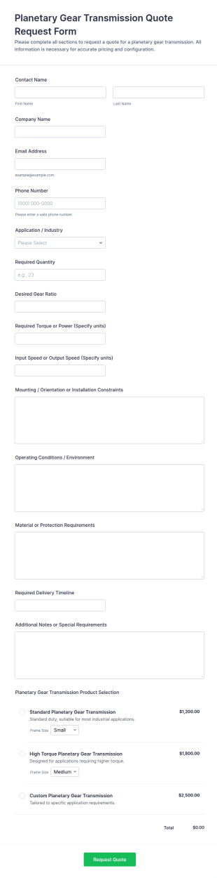 Planetary Gear Transmission Quote Request Form Template