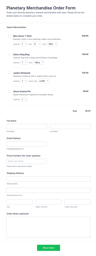 Planetary Merchandise Order Form Template