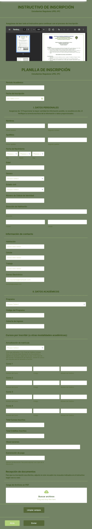 Planilla De Inscripción Estudiantes Regulares