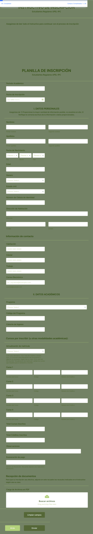 Planilla De Inscripción Estudiantes Regulares Form Template