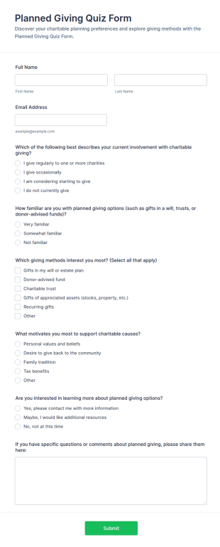 Planned Giving Quiz Form Template