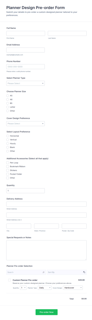 Planner Design Pre Order Form Template