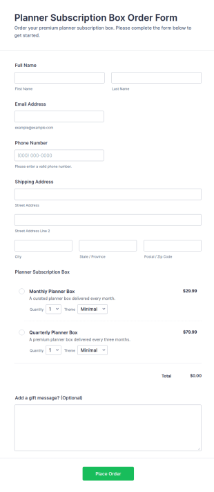 Planner Subscription Box Order Form Template