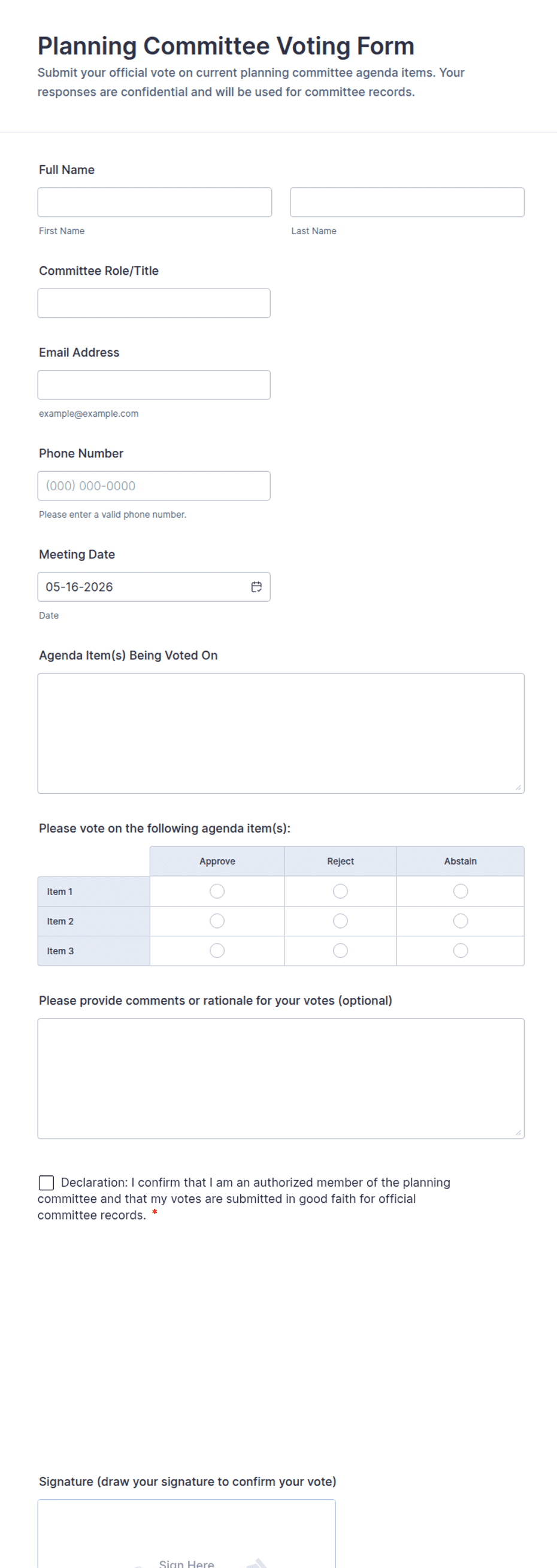 Committee Form Planning Committee Voting Form Template | Jotform