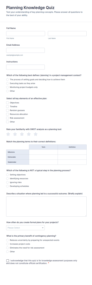 Planning Knowledge Quiz Form Template