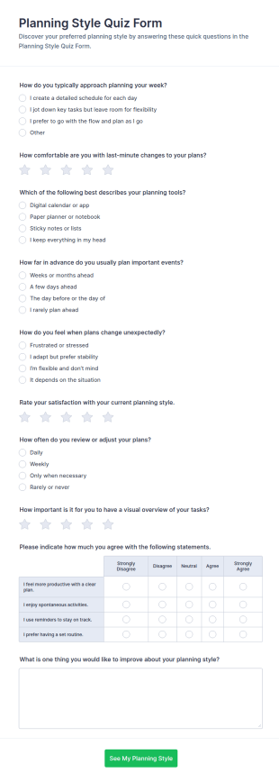 Planning Style Quiz Form Template
