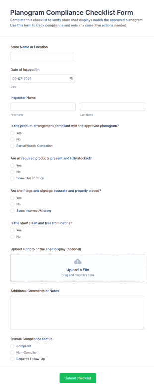 Planogram Compliance Checklist Form Template