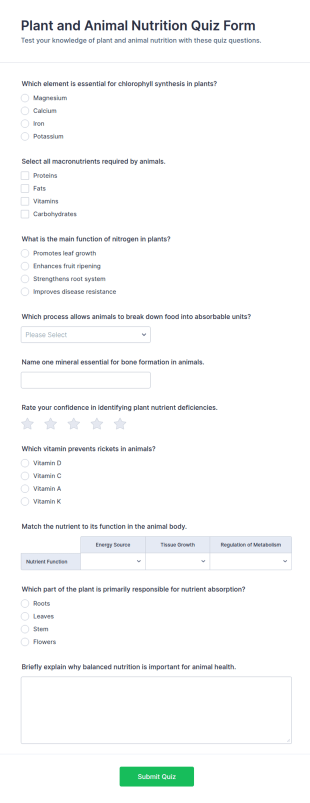 Plant And Animal Nutrition Quiz Form Template