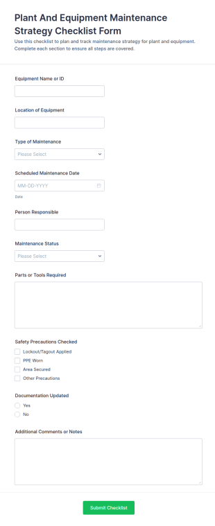 Plant And Equipment Maintenance Strategy Checklist Form Template