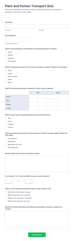 Plant And Human Transport Quiz Form Template