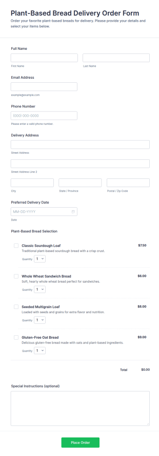 Plant Based Bread Delivery Order Form Template