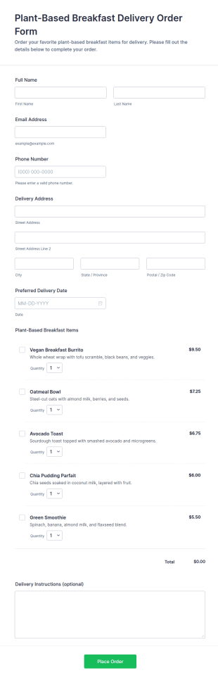 Plant Based Breakfast Delivery Order Form Template