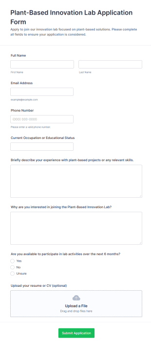 Plant Based Innovation Lab Application Form Form Template