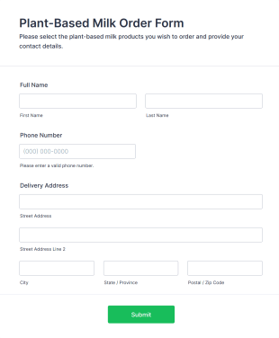 Plant Based Milk Order Form Template