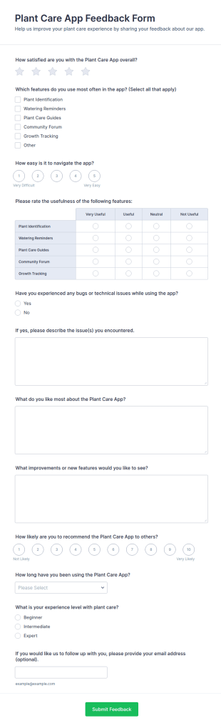 Plant Care App Feedback Form Template
