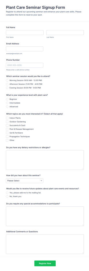 Plant Care Seminar Signup Form Template