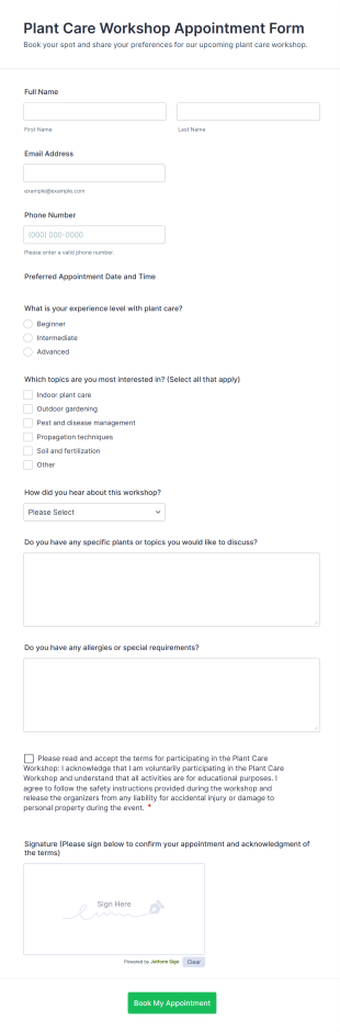 Plant Care Workshop Appointment Form Template