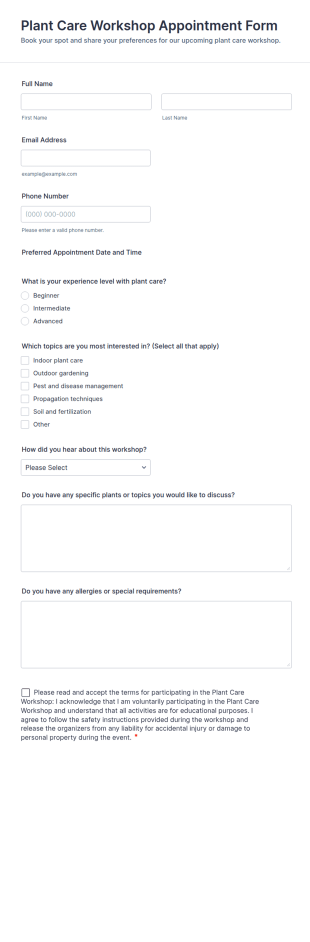 Plant Care Workshop Appointment Form Template