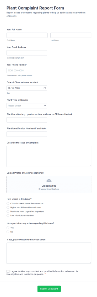 Plant Complaint Report Form Template
