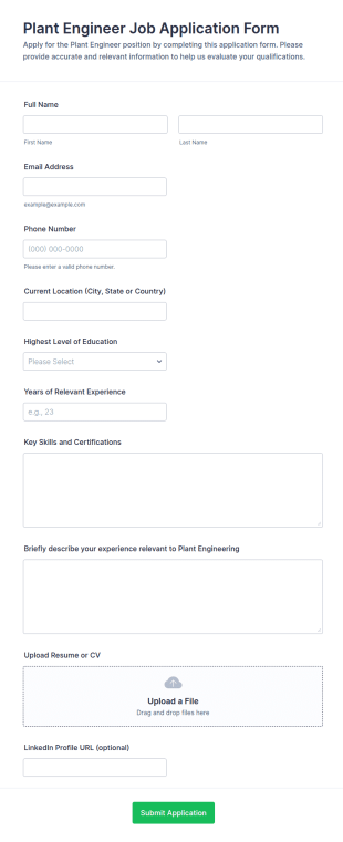 Plant Engineer Job Application Form Template