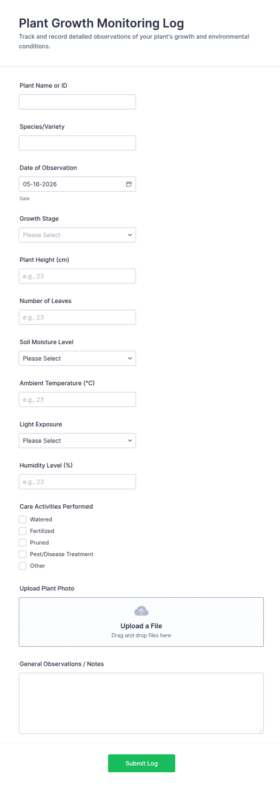 Plant Growth Monitoring Log Form Template | Jotform