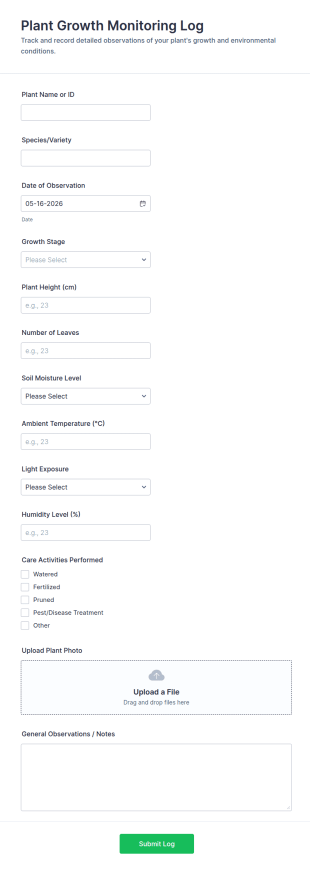 Plant Growth Monitoring Log Form Template
