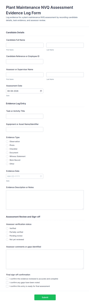 Plant Maintenance NVQ Assessment Evidence Log Form Template