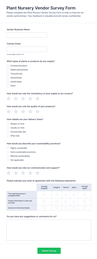 Plant Nursery Vendor Survey Form Template
