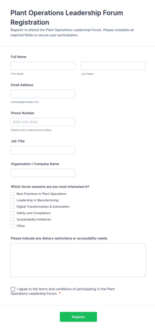 Plant Operations Leadership Forum Registration Form Template
