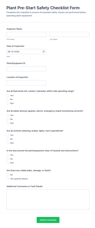 Plant Pre Start Safety Checklist Form Template