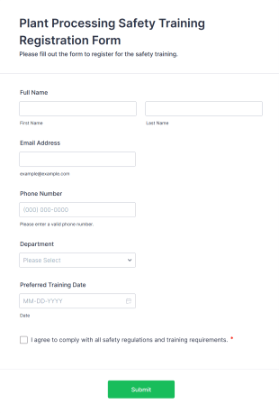 Plant Processing Safety Training Registration Form Template
