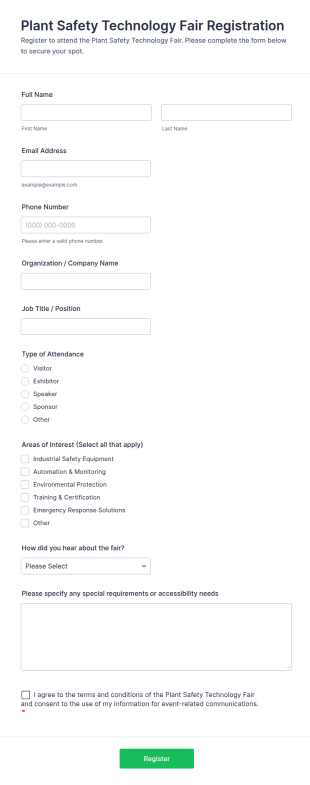 Plant Safety Technology Fair Registration Form Template