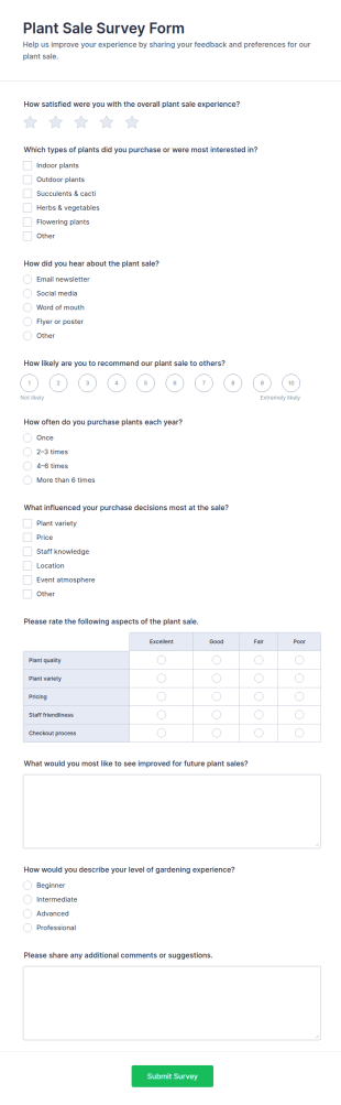 Plant Sale Survey Form Template