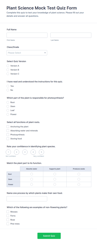 Plant Science Mock Test Quiz Form Template