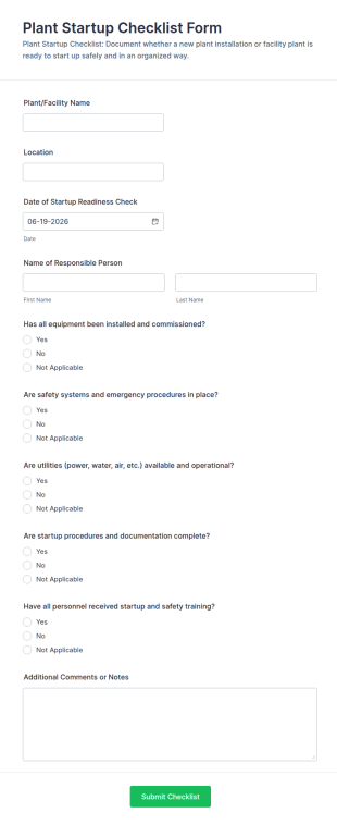 Plant Startup Checklist Form Template