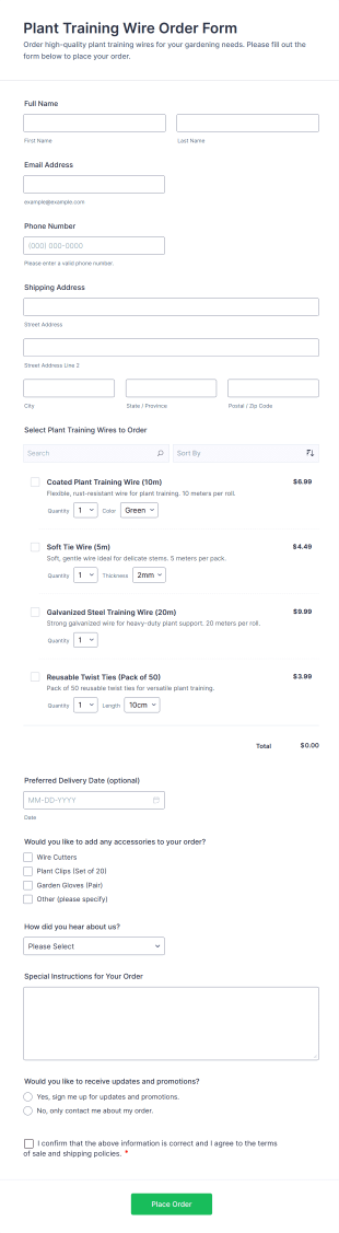 Plant Training Wire Order Form Template